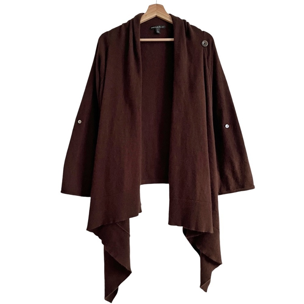 Marina Luna Angora Blend Drape Open Front Cardigan Sweater Roll Tab Sleeves